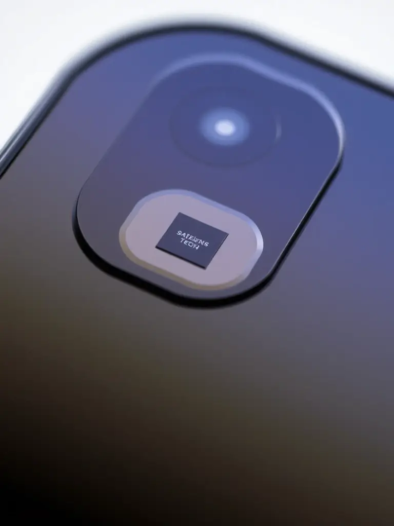 A close-up shot of the Safelens Tech microchip integrated into a smartphone's camera module, showcasing its compact size and seamless integration.