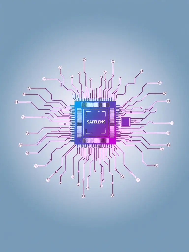 A detailed circuit diagram of the Safelens Tech microchip, highlighting its key components and their interconnections, set against a clean, modern background.
